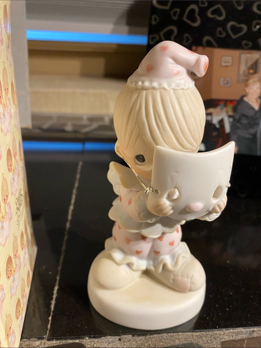Precious Moments Figurine boy clown  with hearts holding mask
